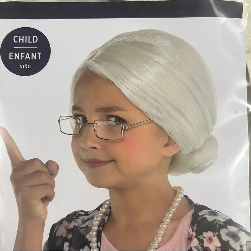 Child Old Maid Wig Costume NEW granny grandma Halloween dress up